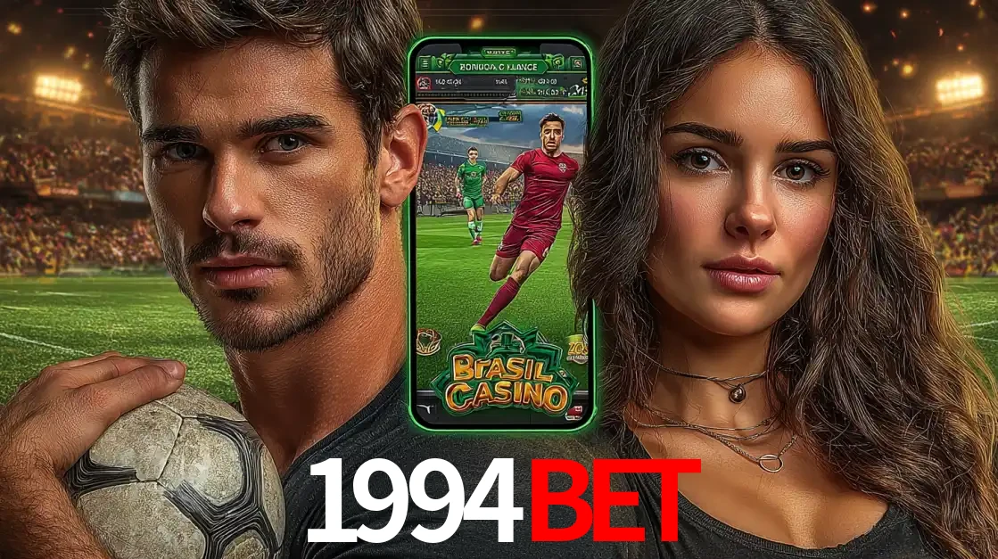 Homem segurando uma bola de futebol e uma mulher ao lado de um smartphone exibindo o jogo de apostas esportivas da 1994bet. Faça seu palpite no cassino online.